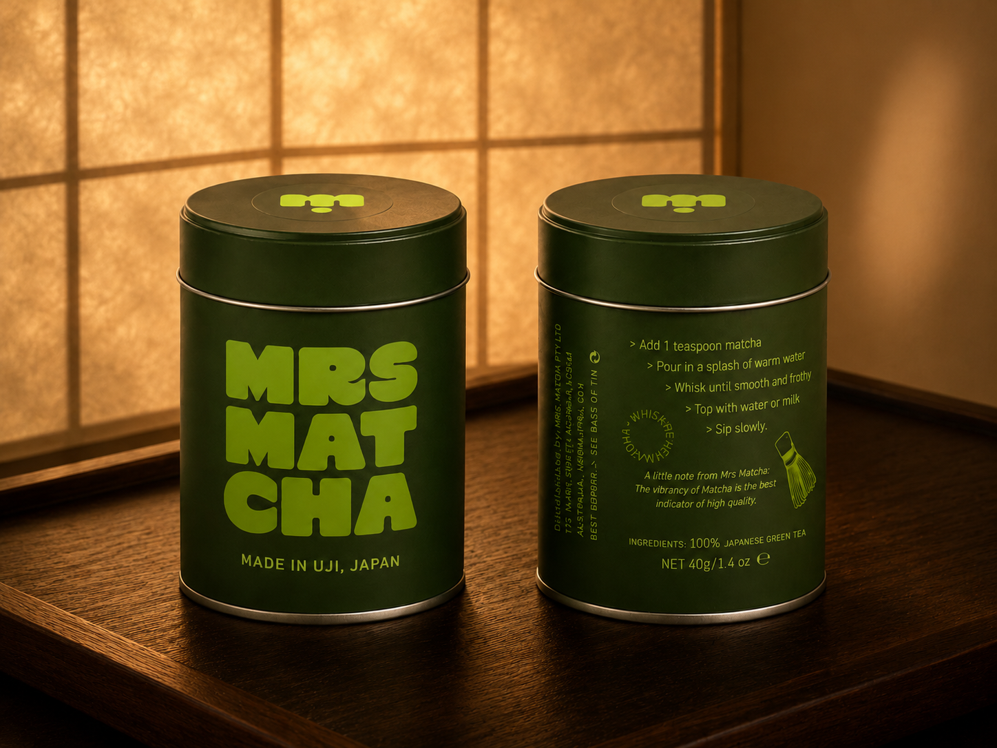 Mrs Matcha ceremonial matcha tins, front and back