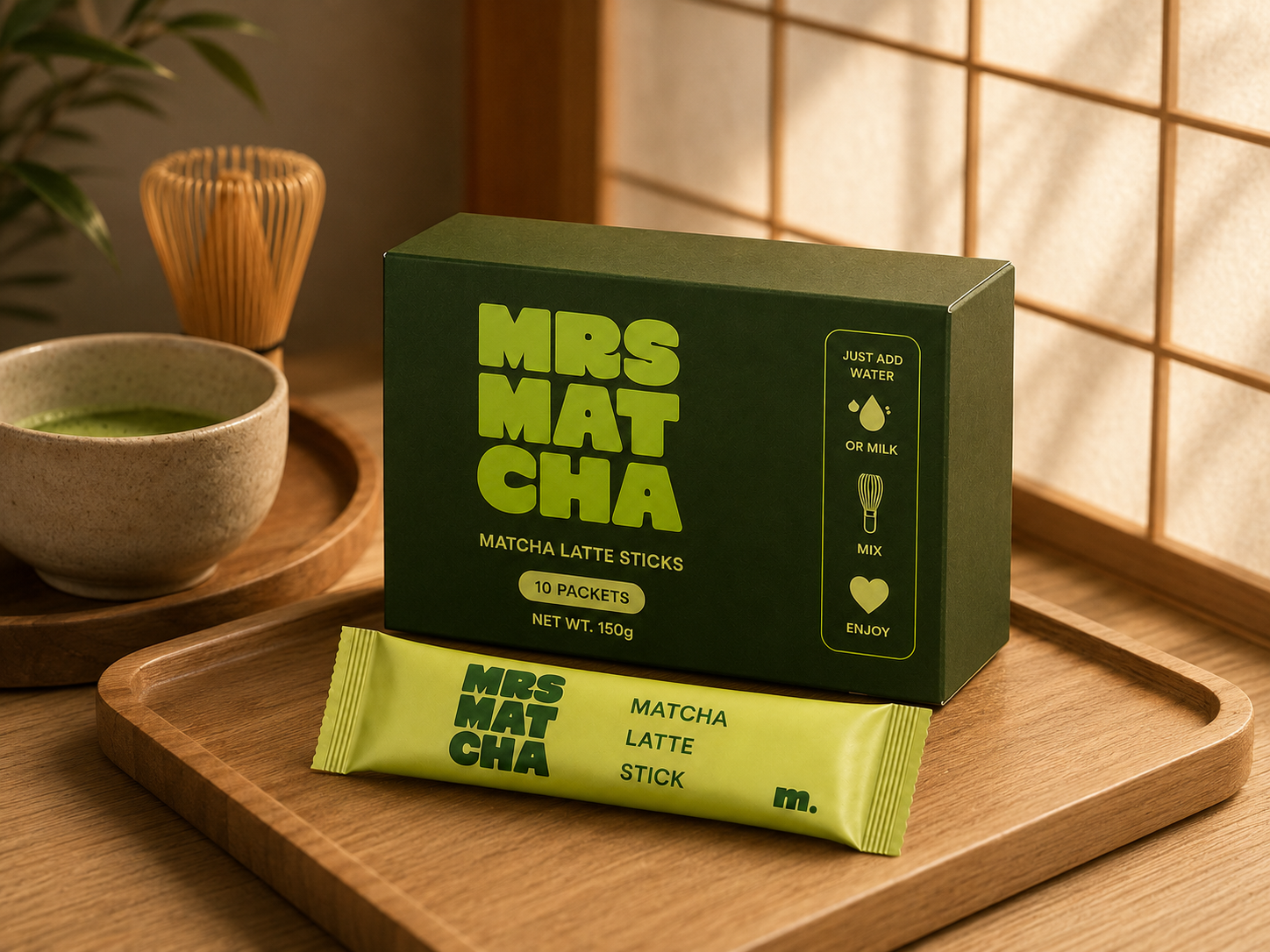 Mrs Matcha matcha latte sticks box and sachet